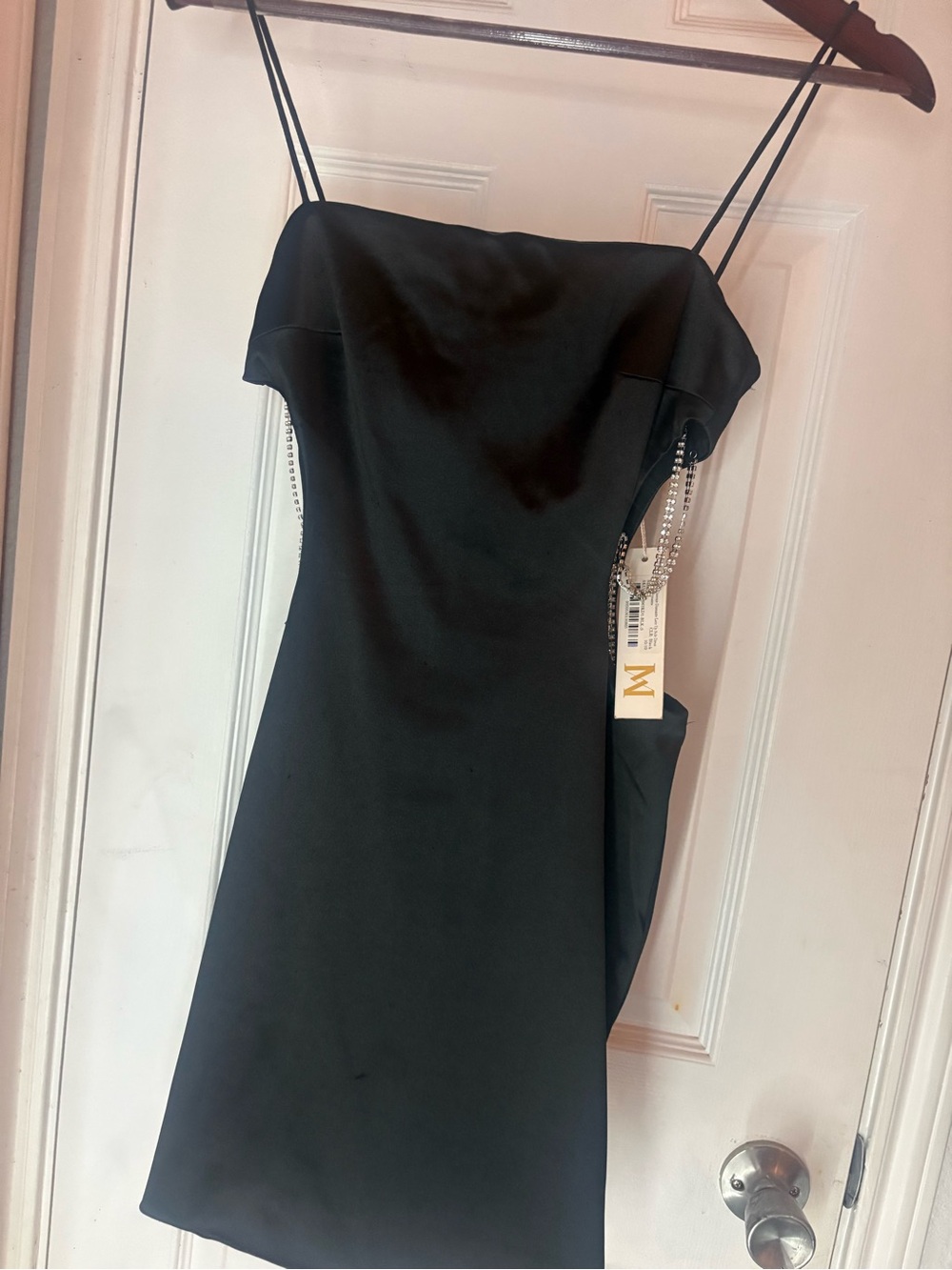 Meshki Black Midi Slip Dress with Crystal Chain Straps